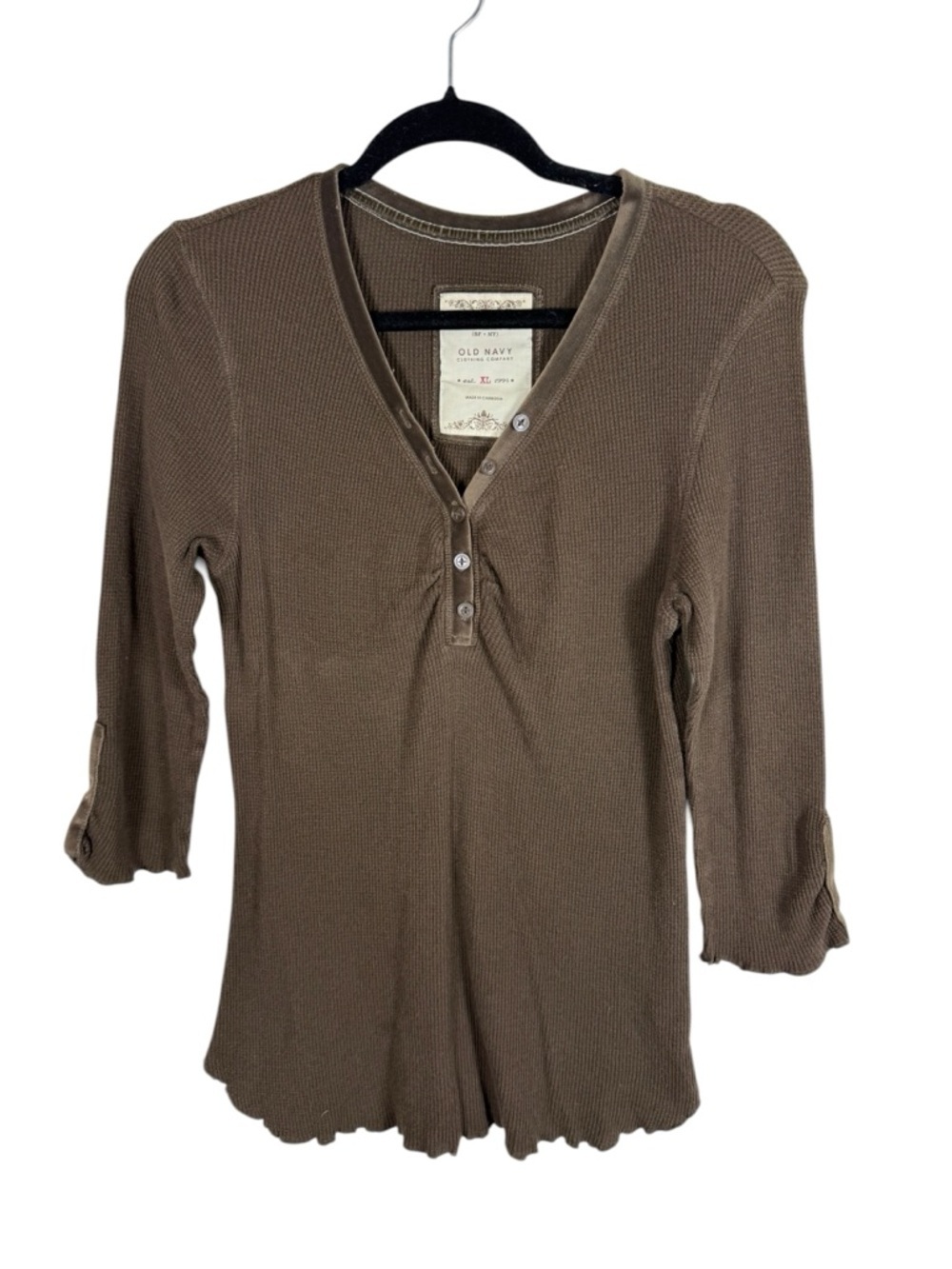 VTG Y2K Women's Brown Henley Waffle Knit Thermal Grunge Bella Swan Old Navy XL